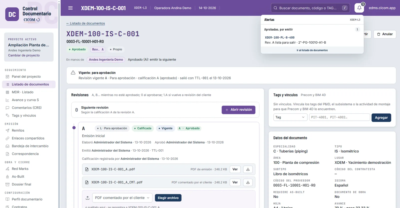 Documento con su historial de revisiones, calificación del cliente y archivos emitidos (datos de demostración)